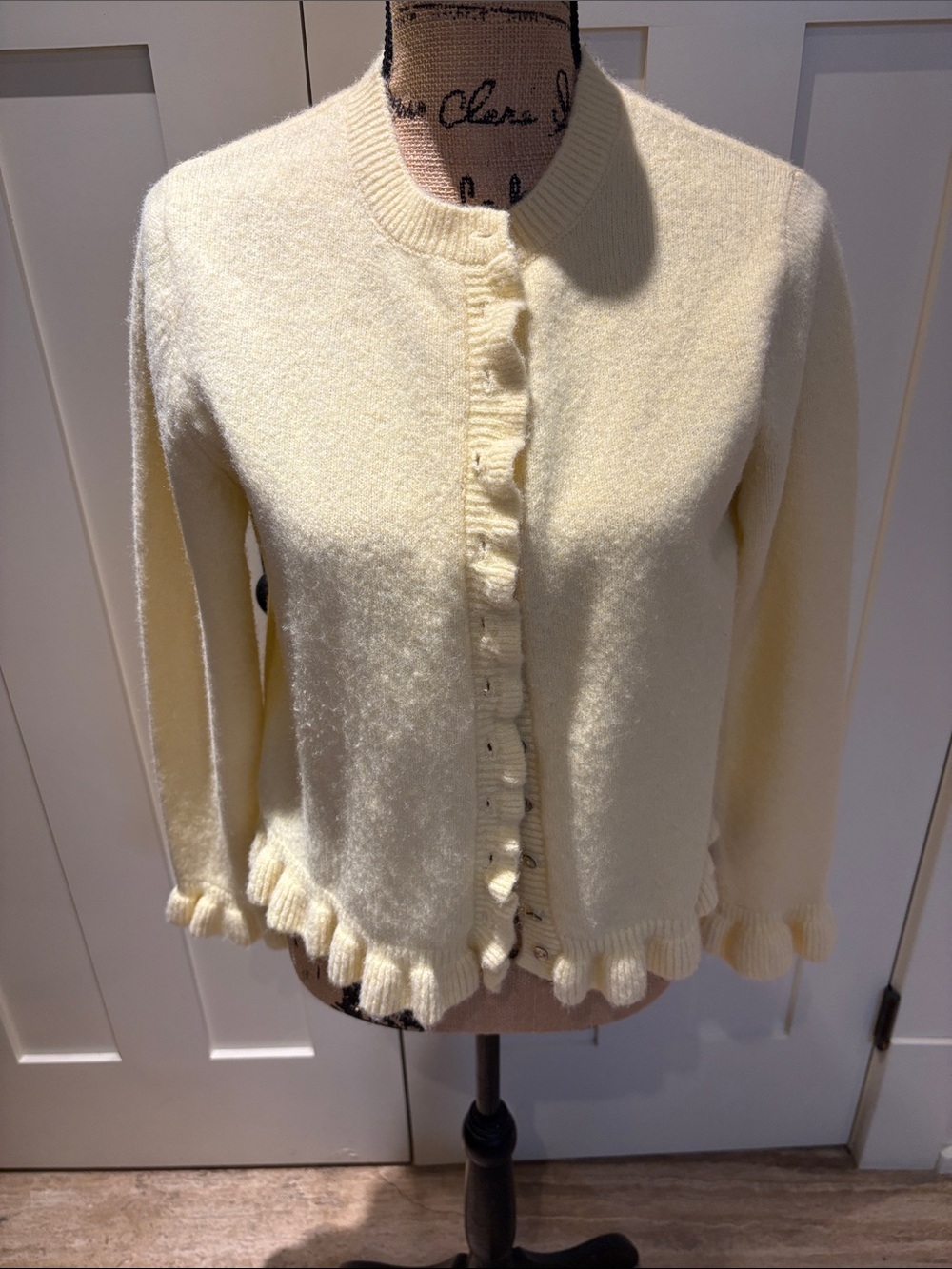 Soft Ruffle-Trim Cream Cardigan Sweater